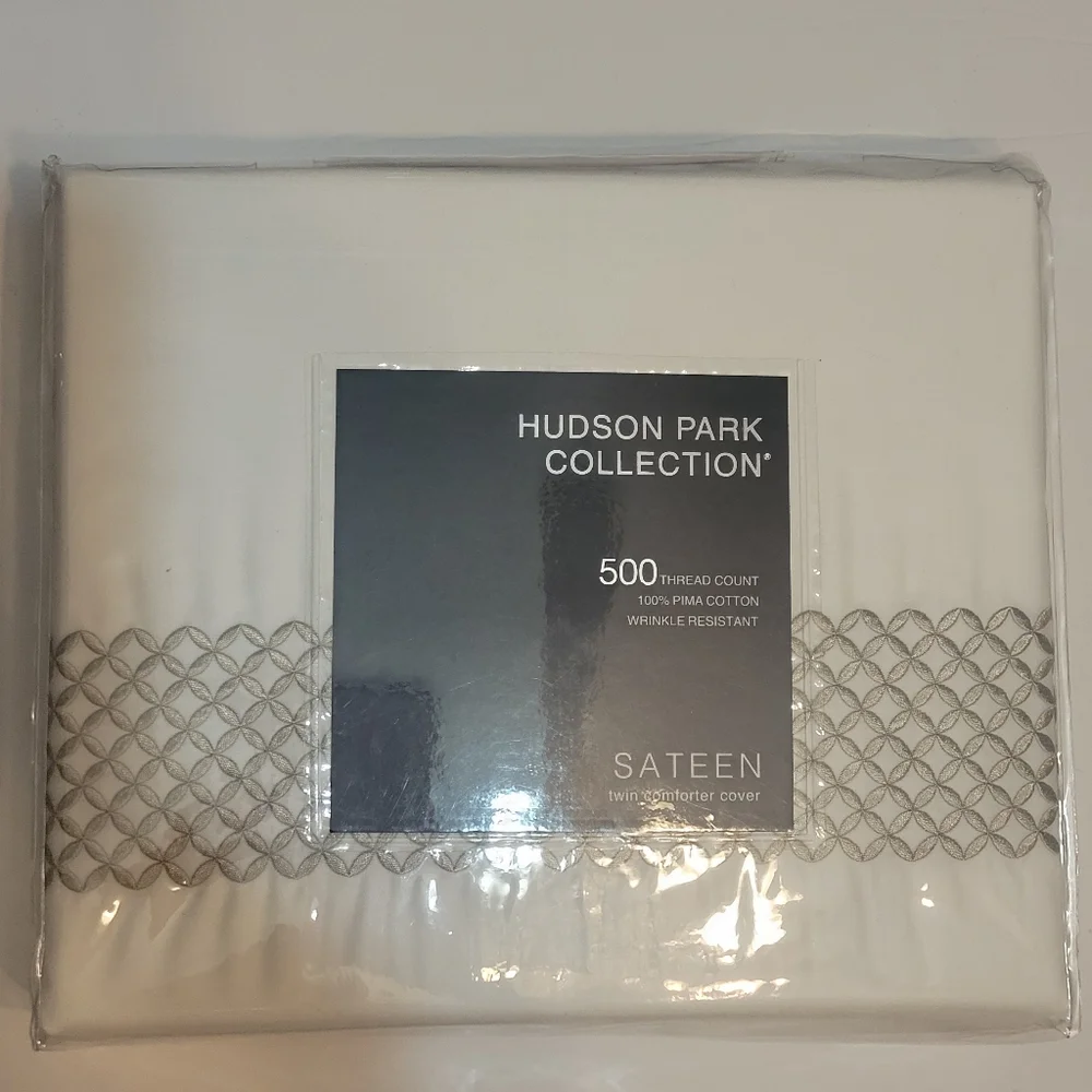 Hudson Park 500TC Sateen Duvet Cover Twin Pima Cotton White Silver Embroidered